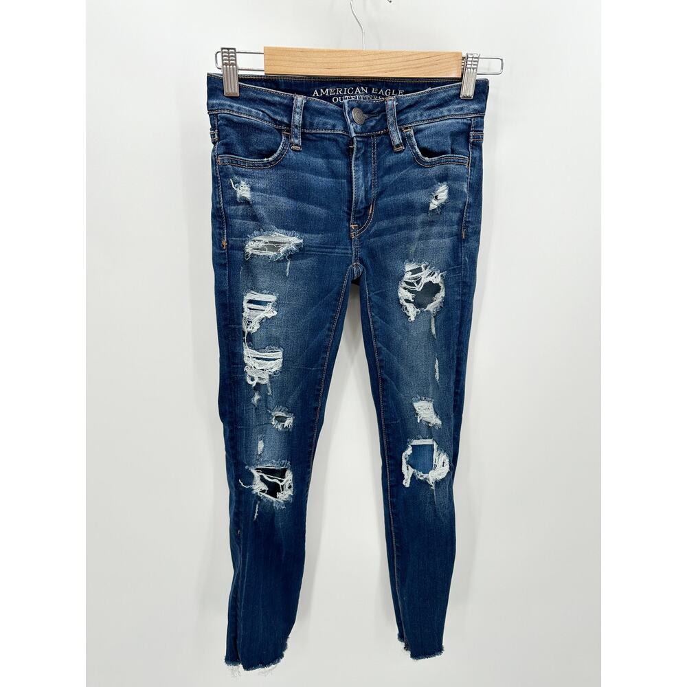 American Eagle AEO Jeans Women 0‎ Regular 0R Blue Denim Distressed Crop Jeggings